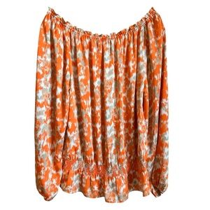 MICHAEL KORS Peasant Boho Blouse Womens Sm/Med Orange Tan Smocked Off Sh…